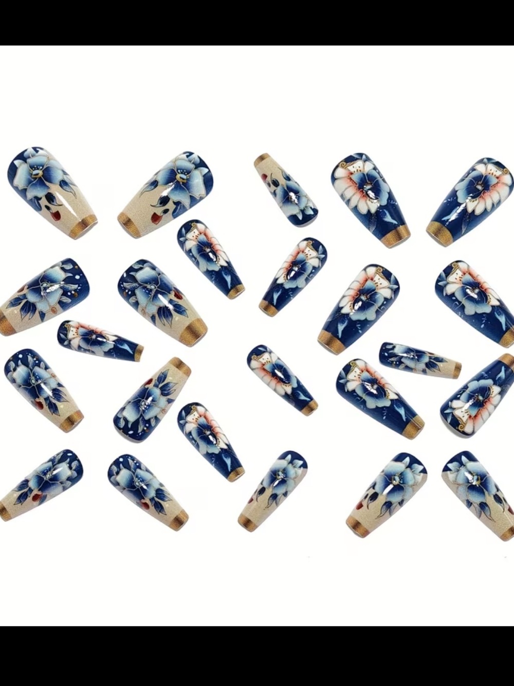 Navy Blue Floral Gold-Trim Press-On Nails - Picture 3 of 6